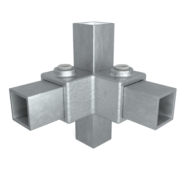 Rohrverbinder Eckstück 90º 25 mm quadratisch - Vorderansicht mit Rohren (Rohr-verbinder.de)