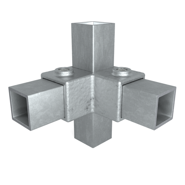 Rohrverbinder Eckstück 90º 40 mm quadratisch - Vorderansicht mit Rohren (Rohr-verbinder.de)