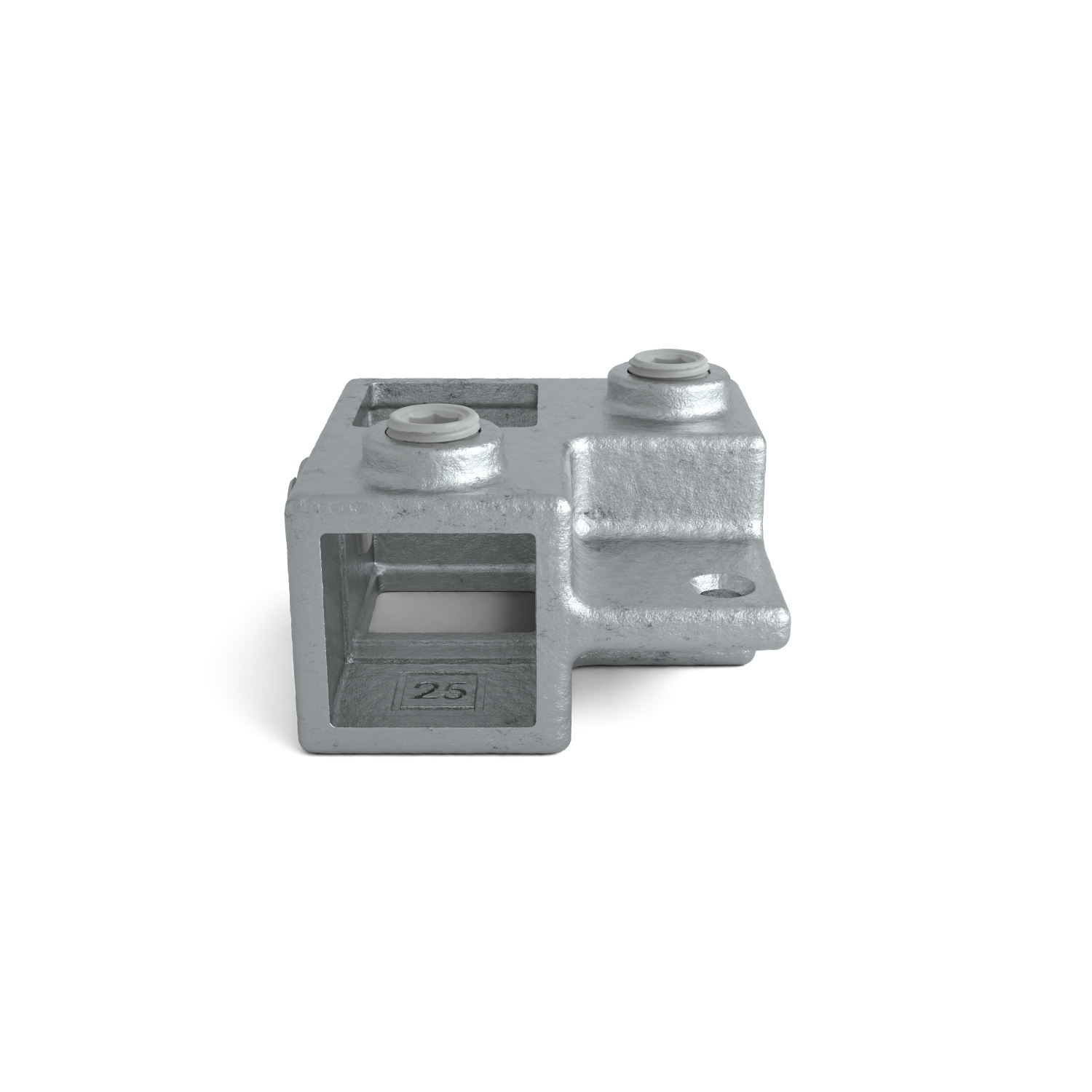 Rohrverbinder Eckstück 90º mit Befestigungsplatte 25 mm quadratisch - Seitenansicht Rohrverbinder (Rohr-verbinder.de)