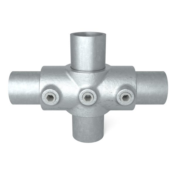 Rohrverbinder Kreuzstück in 1 Ebene 42,4 mm - Vorderansicht mit Rohren (Rohr-verbinder.de)