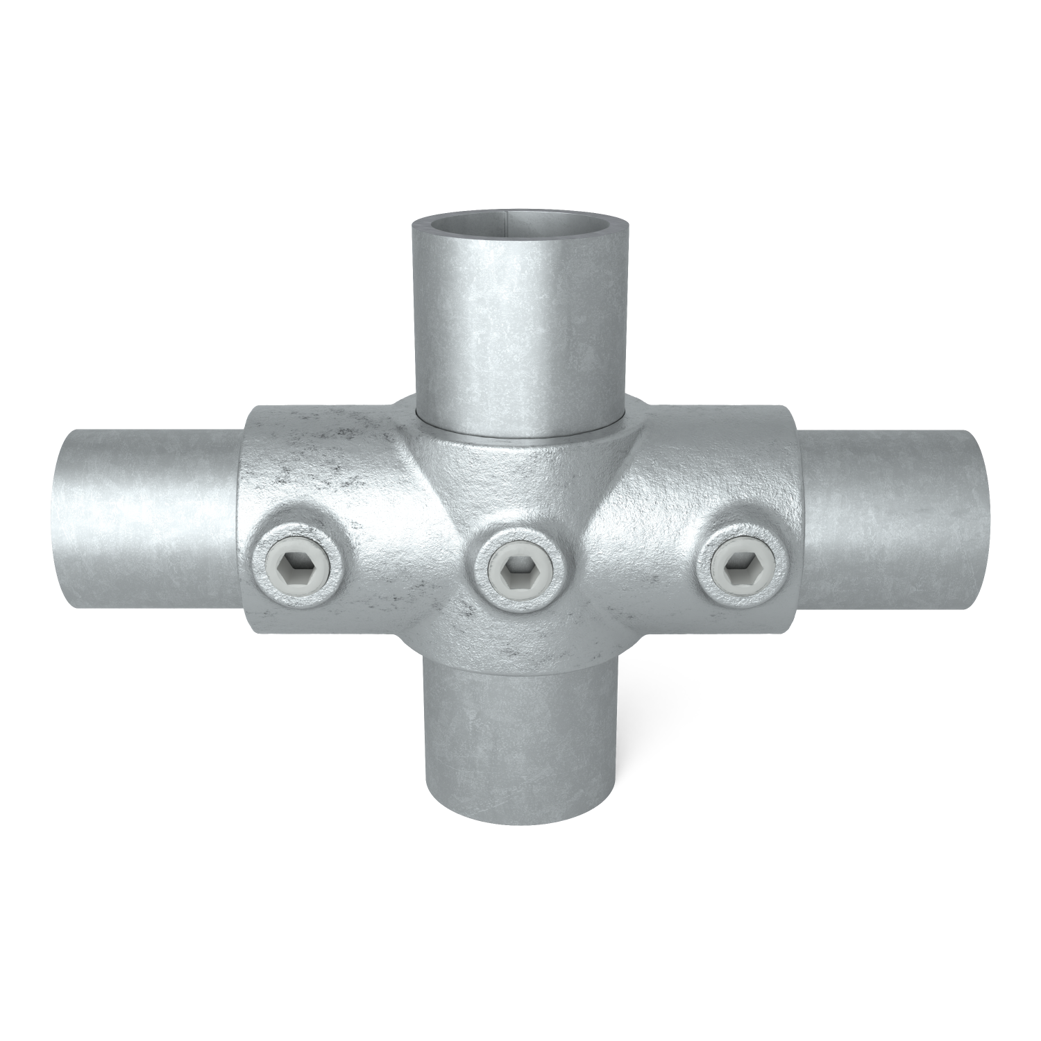 Rohrverbinder Kreuzstück in 1 Ebene Kombinationsmaß 48,3 mm - 42,4 mm - Vorderansicht mit Rohren (Rohr-verbinder.de)