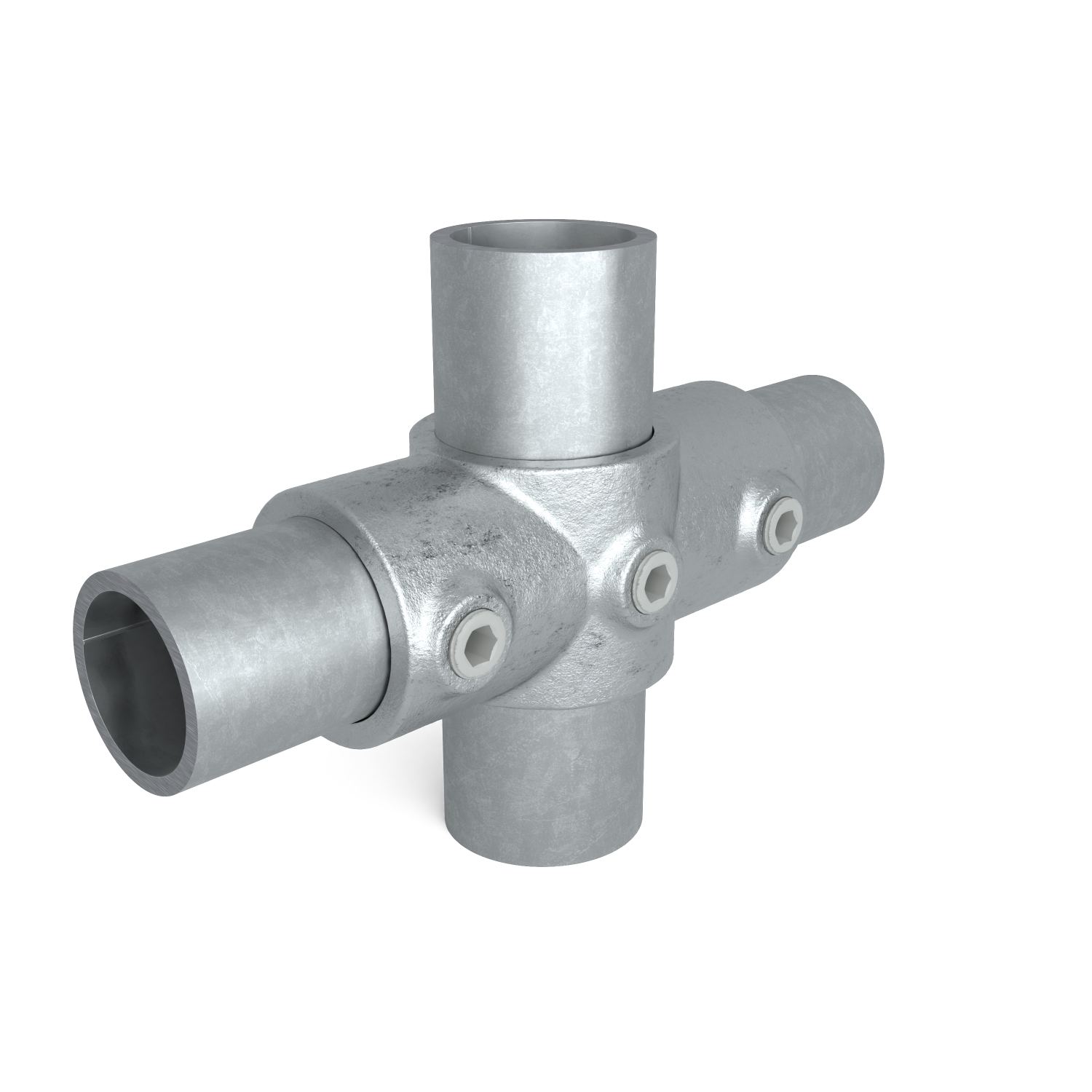 Rohrverbinder Kreuzstück in 1 Ebene Kombinationsmaß 48,3 mm - 42,4 mm - Schrägansicht mit Rohren (Rohr-verbinder.de)