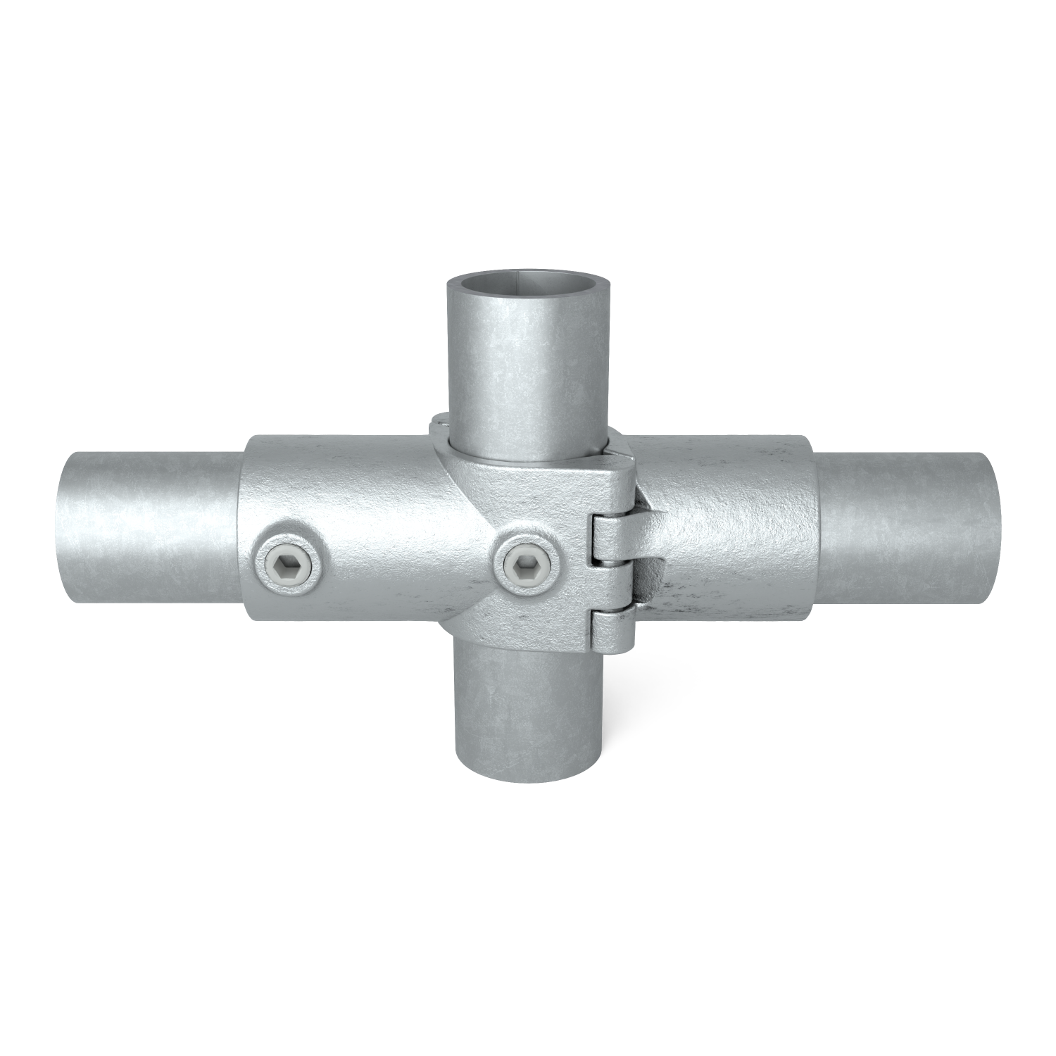 Rohrverbinder Kreuzstück in 1 Ebene offen klappbar 48,3 mm - Vorderansicht mit Rohren (Rohr-verbinder.de)