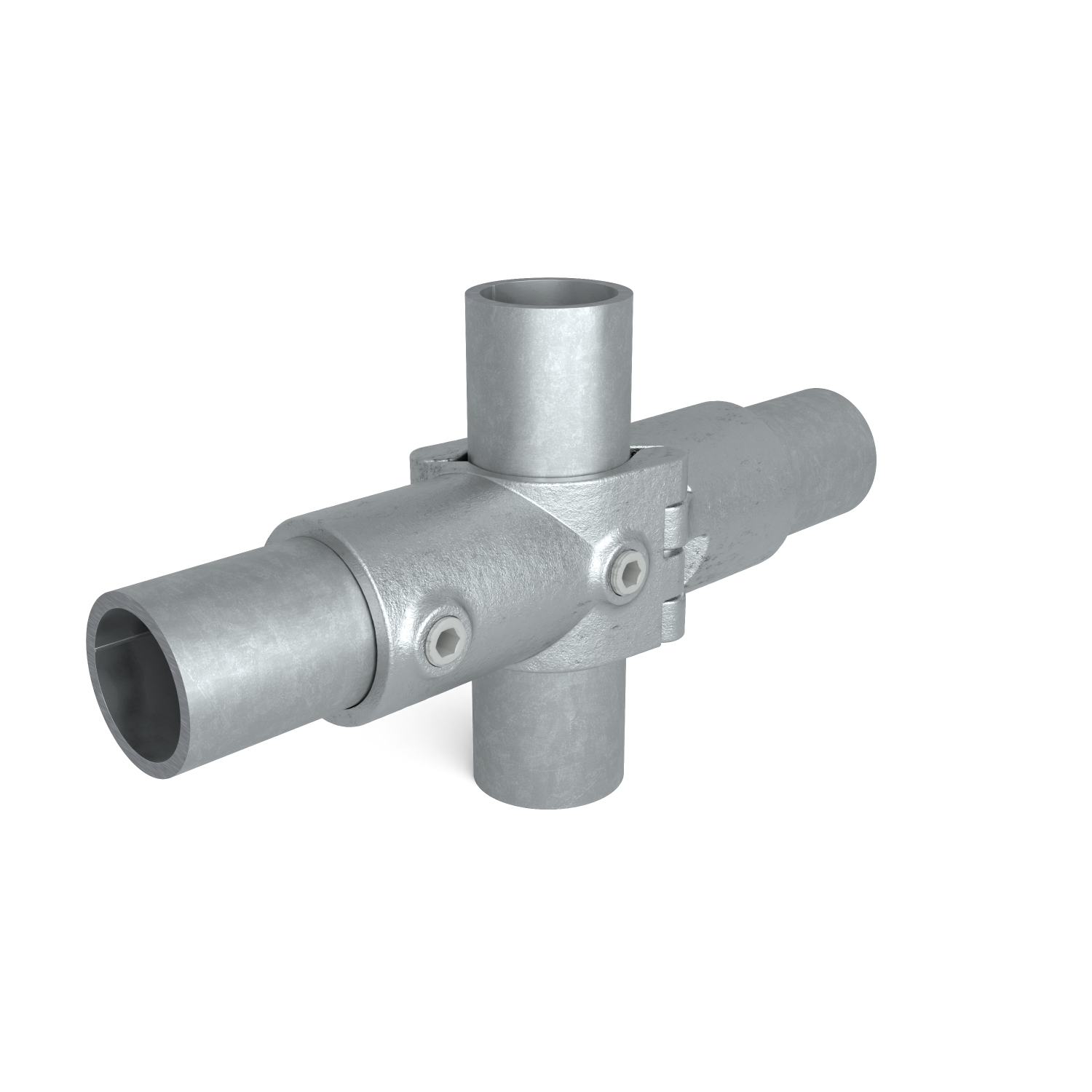 Rohrverbinder Kreuzstück in 1 Ebene offen klappbar 48,3 mm - Schrägansicht mit Rohren (Rohr-verbinder.de)