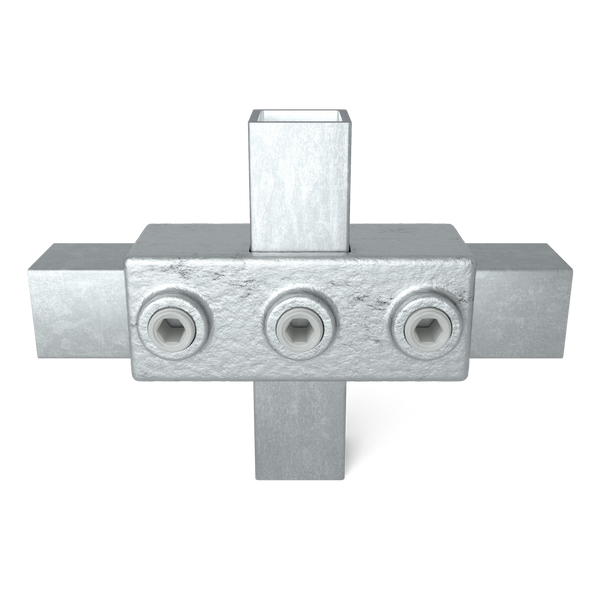 Rohrverbinder Kreuzstück in 1 Ebene 25 mm quadratisch - Vorderansicht mit Rohren (Rohr-verbinder.de)