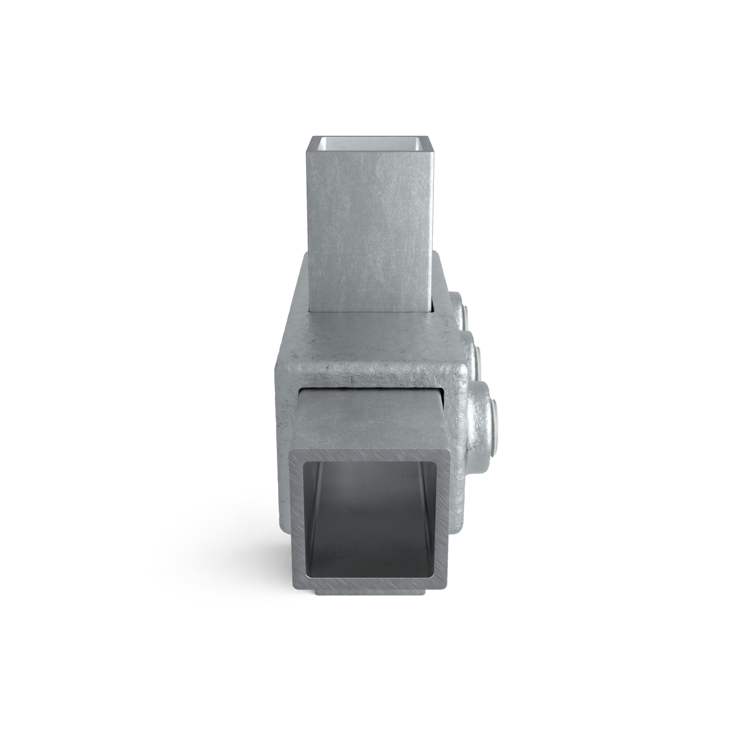 Rohrverbinder Kreuzstück in 1 Ebene 25 mm quadratisch - Seitenansicht mit Rohren (Rohr-verbinder.de)