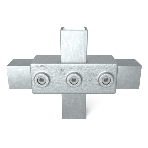 Rohrverbinder Kreuzstück in 1 Ebene 40 mm quadratisch - Vorderansicht mit Rohren (Rohr-verbinder.de)