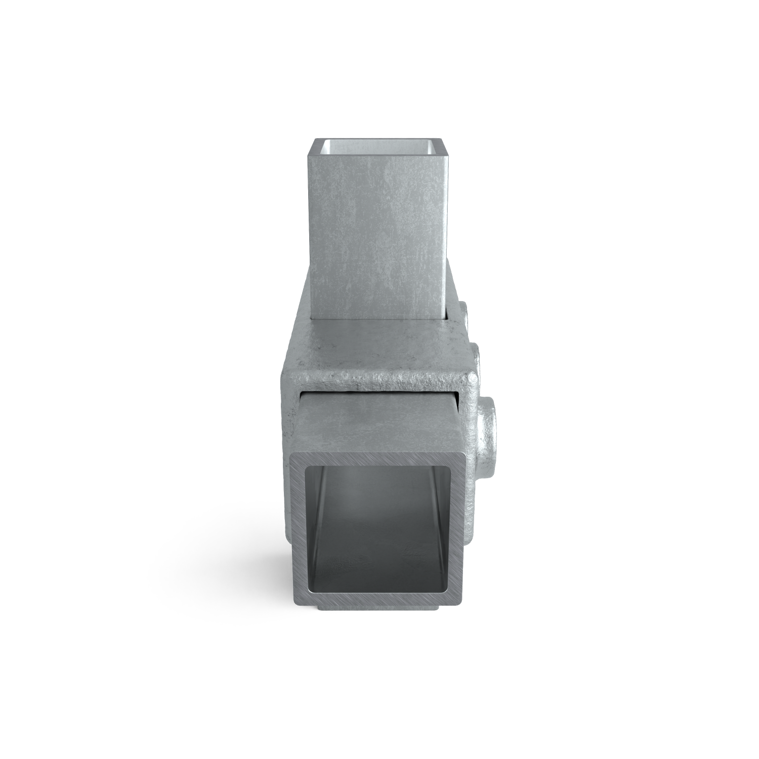 Rohrverbinder Kreuzstück in 1 Ebene 40 mm quadratisch - Seitenansicht mit Rohren (Rohr-verbinder.de)