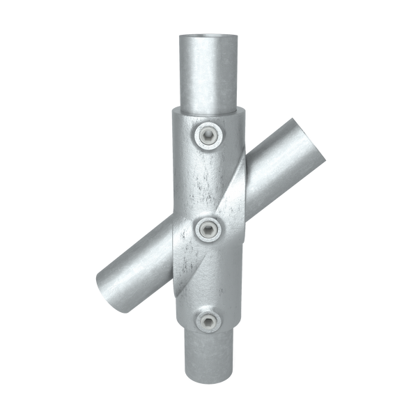 Rohrverbinder Kreuzstück 30-45º 48,3 mm - Vorderansicht mit Rohren (Rohr-verbinder.de)