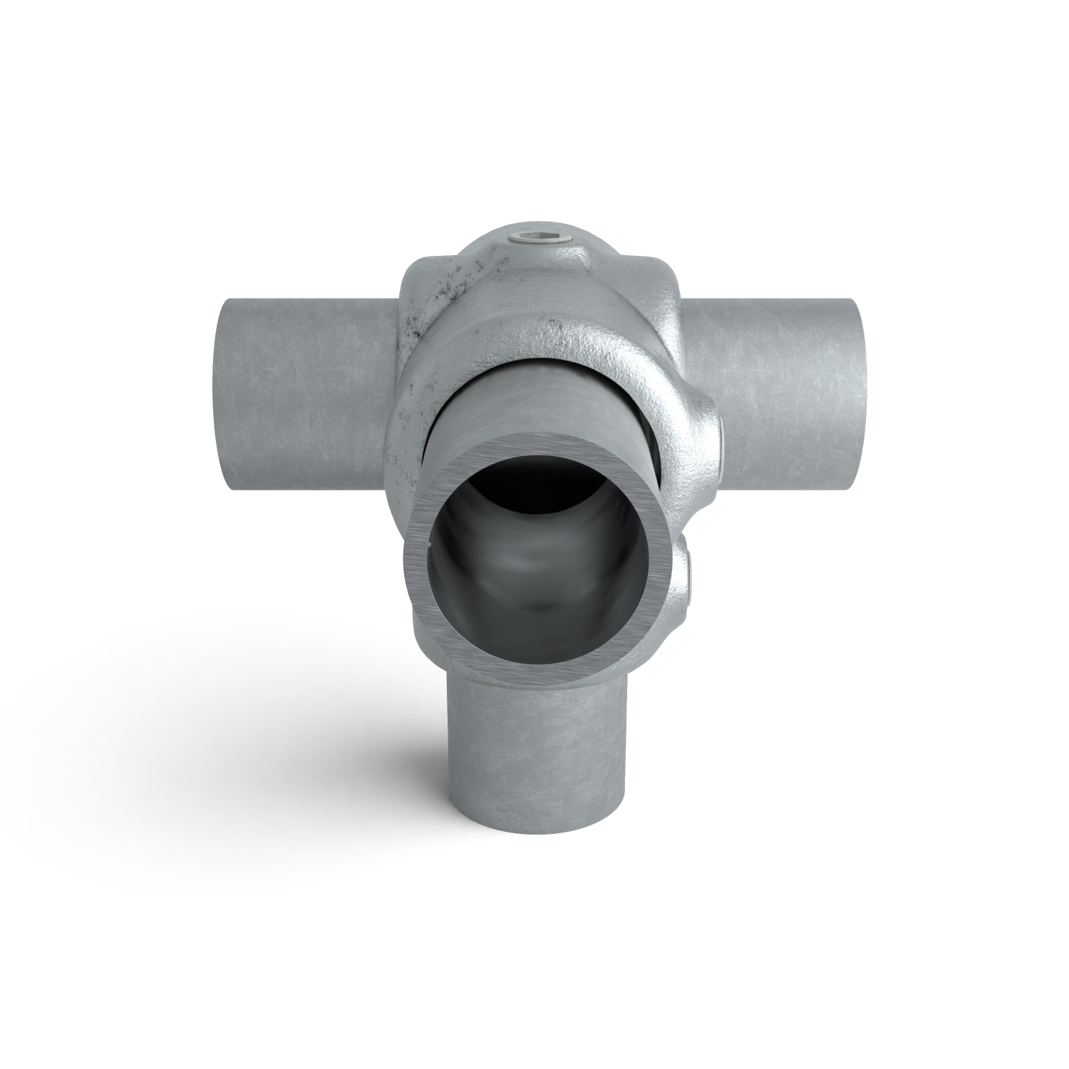Rohrverbinder T-Stück für Stützrohr 48,3 mm - Seitenansicht mit Rohren (Rohr-verbinder.de)