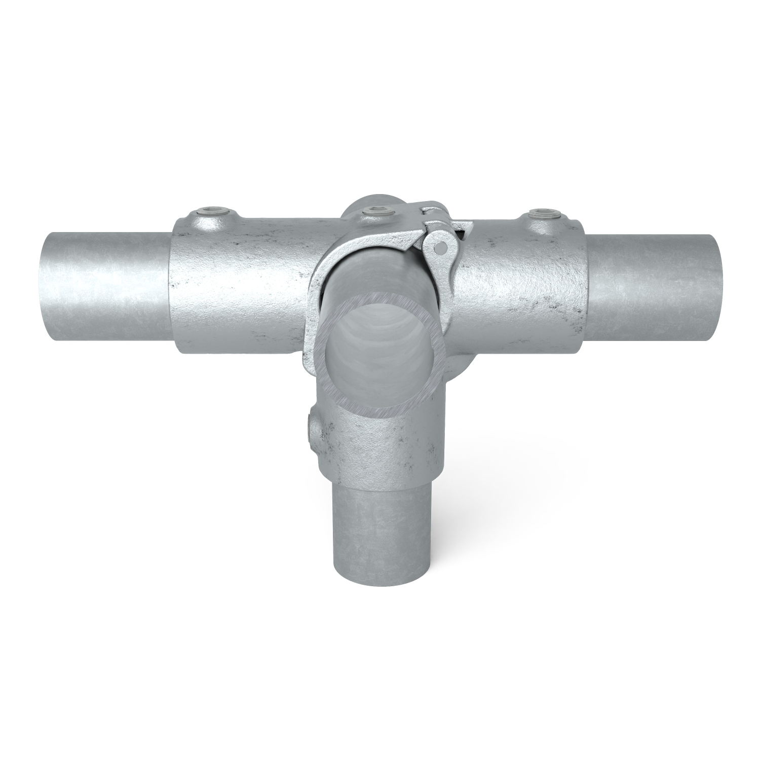 Rohrverbinder T-Stück für Stützrohr offen klappbar 48,3 mm - Vorderansicht mit Rohren (Rohr-verbinder.de)