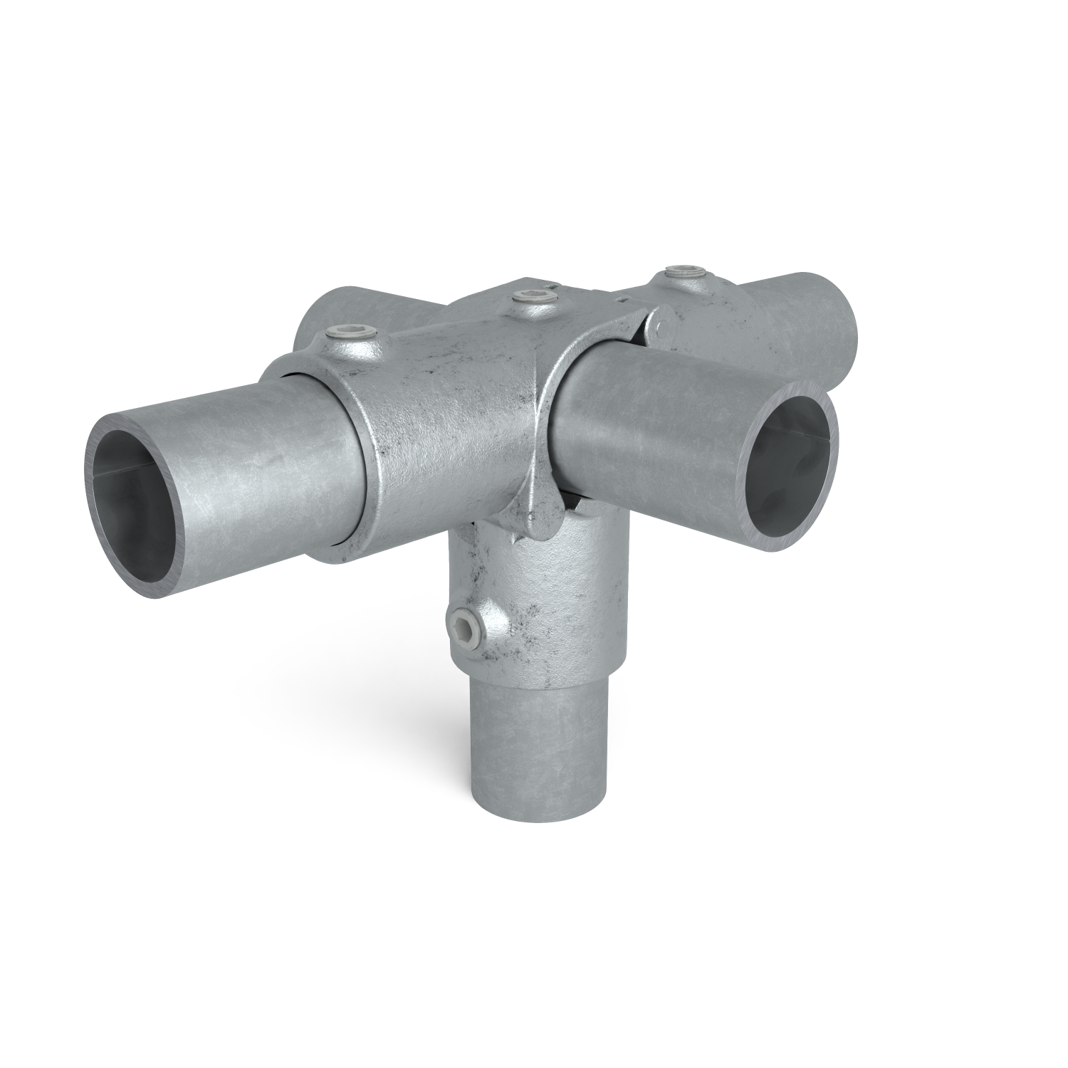 Rohrverbinder T-Stück für Stützrohr offen klappbar 48,3 mm - Schrägansicht mit Rohren (Rohr-verbinder.de)