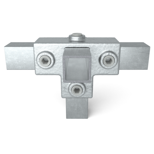 Rohrverbinder T-Stück für Stützrohr 25 mm quadratisch - Vorderansicht mit Rohren (Rohr-verbinder.de)