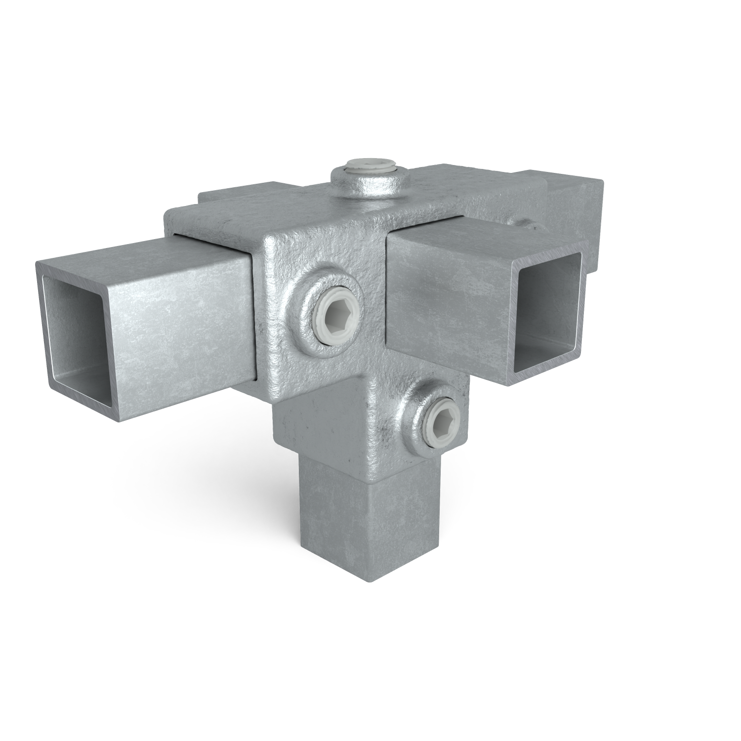Rohrverbinder T-Stück für Stützrohr 25 mm quadratisch - Schrägansicht mit Rohren (Rohr-verbinder.de)