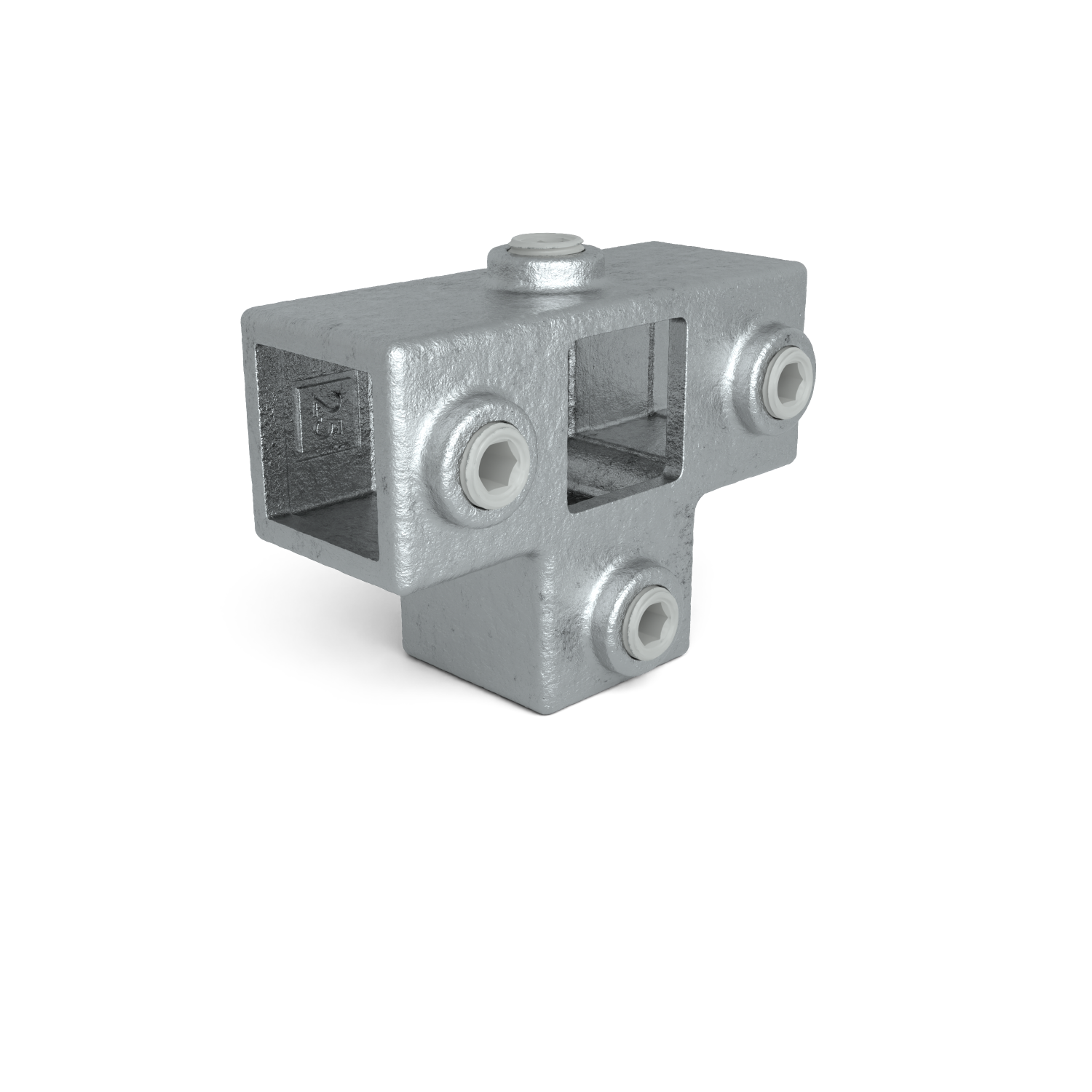 Rohrverbinder T-Stück für Stützrohr 25 mm quadratisch - Schrägansicht Rohrverbinder (Rohr-verbinder.de)