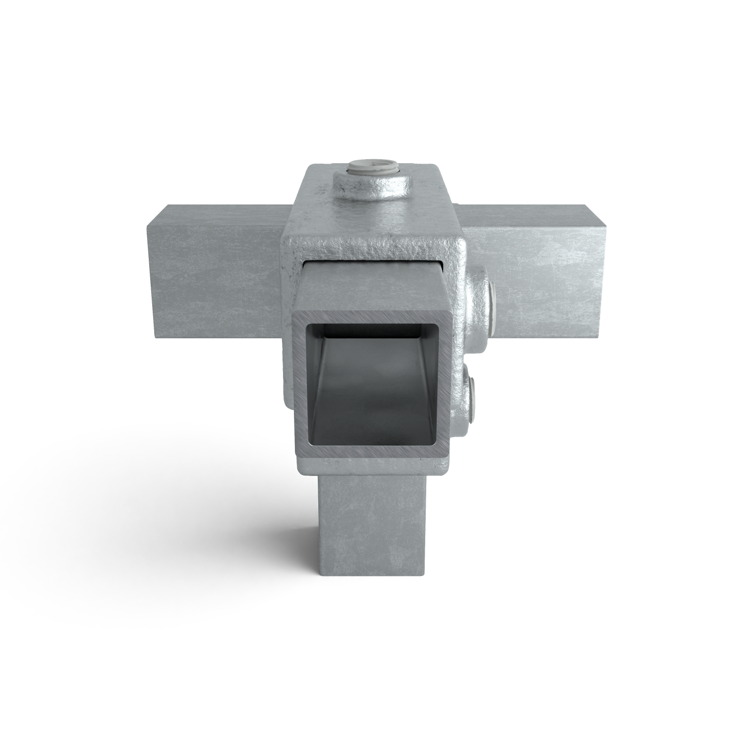 Rohrverbinder T-Stück für Stützrohr 25 mm quadratisch - Seitenansicht mit Rohren (Rohr-verbinder.de)