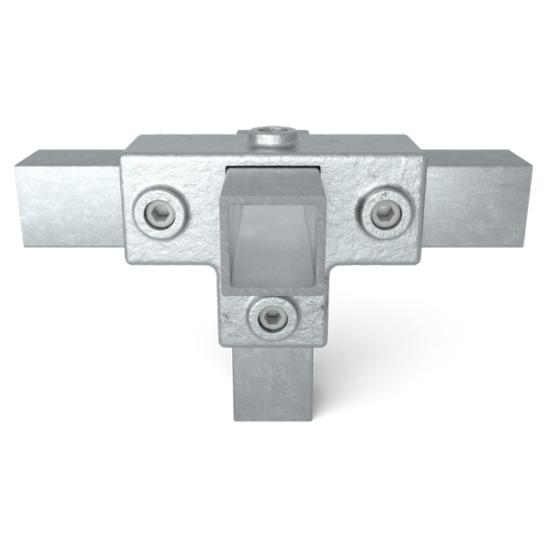 Rohrverbinder T-Stück für Stützrohr 40 mm quadratisch - Vorderansicht mit Rohren (Rohr-verbinder.de)