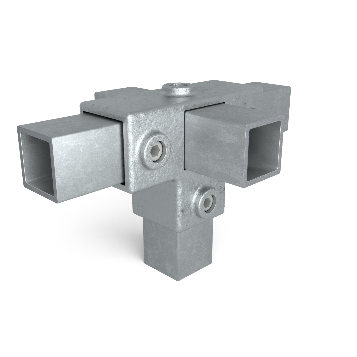 Rohrverbinder T-Stück für Stützrohr 40 mm quadratisch - Schrägansicht mit Rohren (Rohr-verbinder.de)