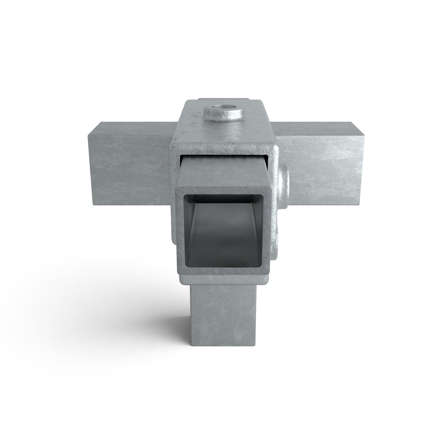 Rohrverbinder T-Stück für Stützrohr 40 mm quadratisch - Seitenansicht mit Rohren (Rohr-verbinder.de)