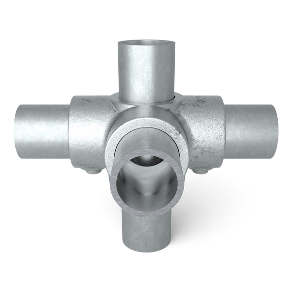 Rohrverbinder Kreuzstück für Stützrohr 26,9 mm - Vorderansicht mit Rohren (Rohr-verbinder.de)