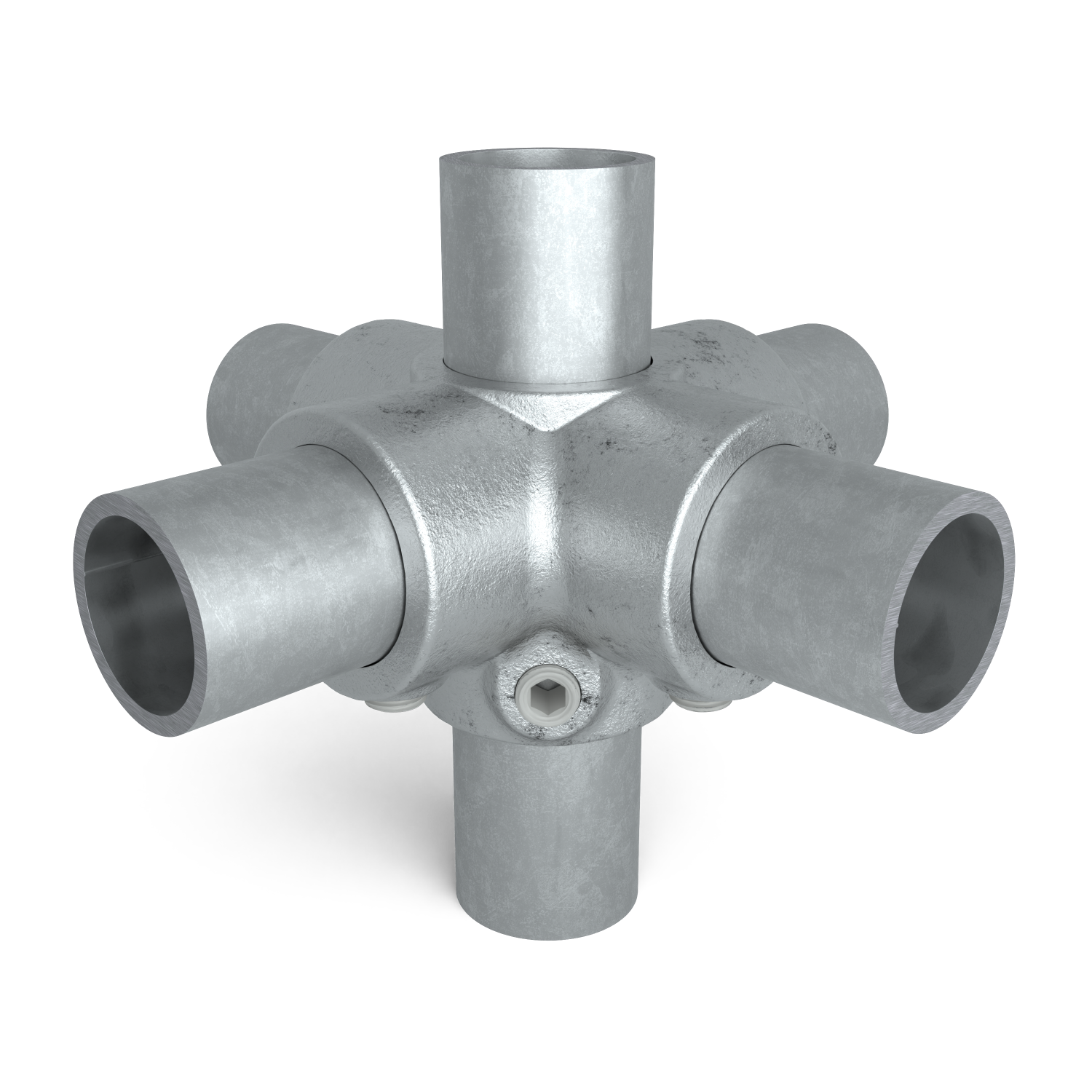 Rohrverbinder Kreuzstück für Stützrohr 60,3 mm - Schrägansicht mit Rohren (Rohr-verbinder.de)