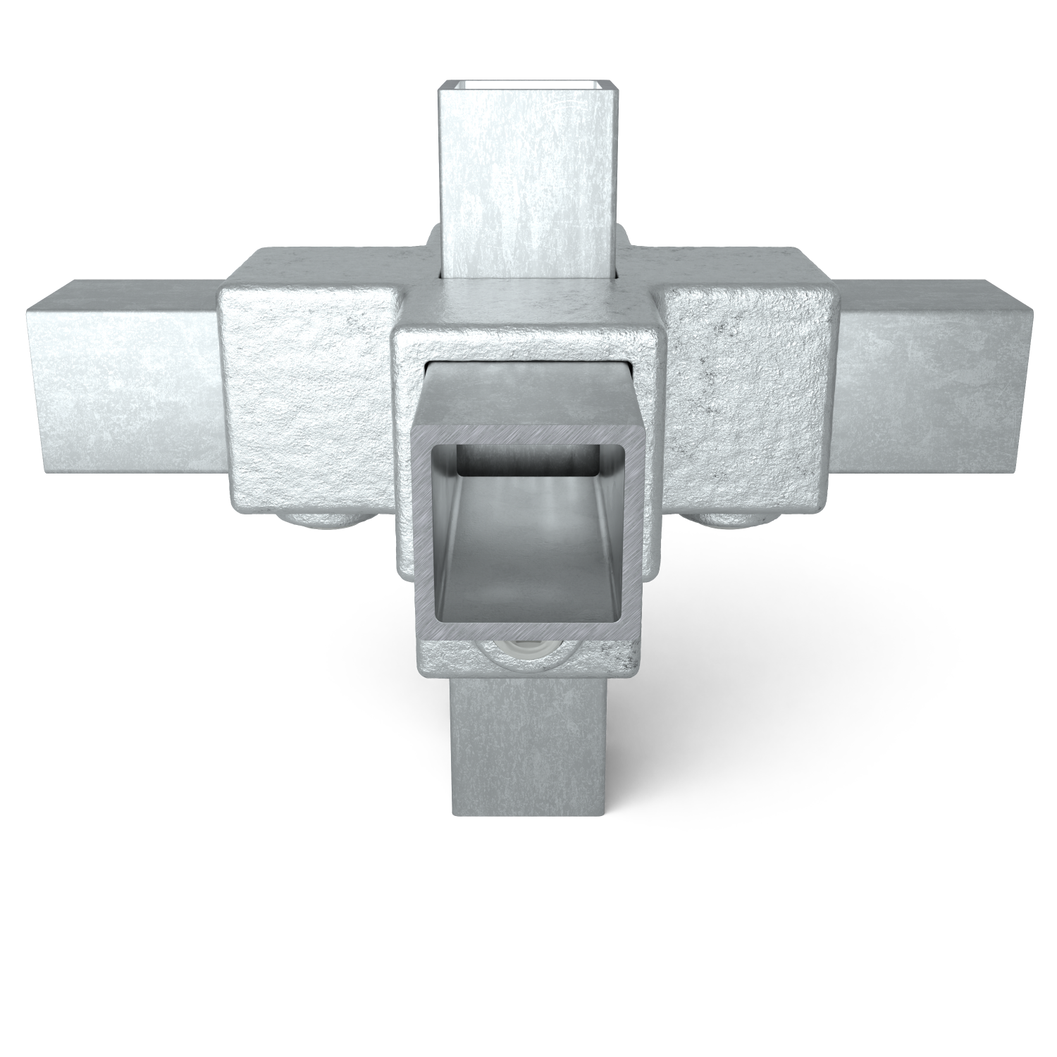 Rohrverbinder Kreuzstück für Stützrohr 25 mm quadratisch - Schrägansicht mit Rohren (Rohr-verbinder.de)