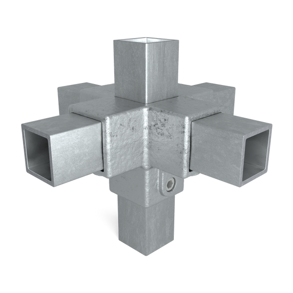 Rohrverbinder Kreuzstück für Stützrohr 40 mm quadratisch - Vorderansicht mit Rohren (Rohr-verbinder.de)