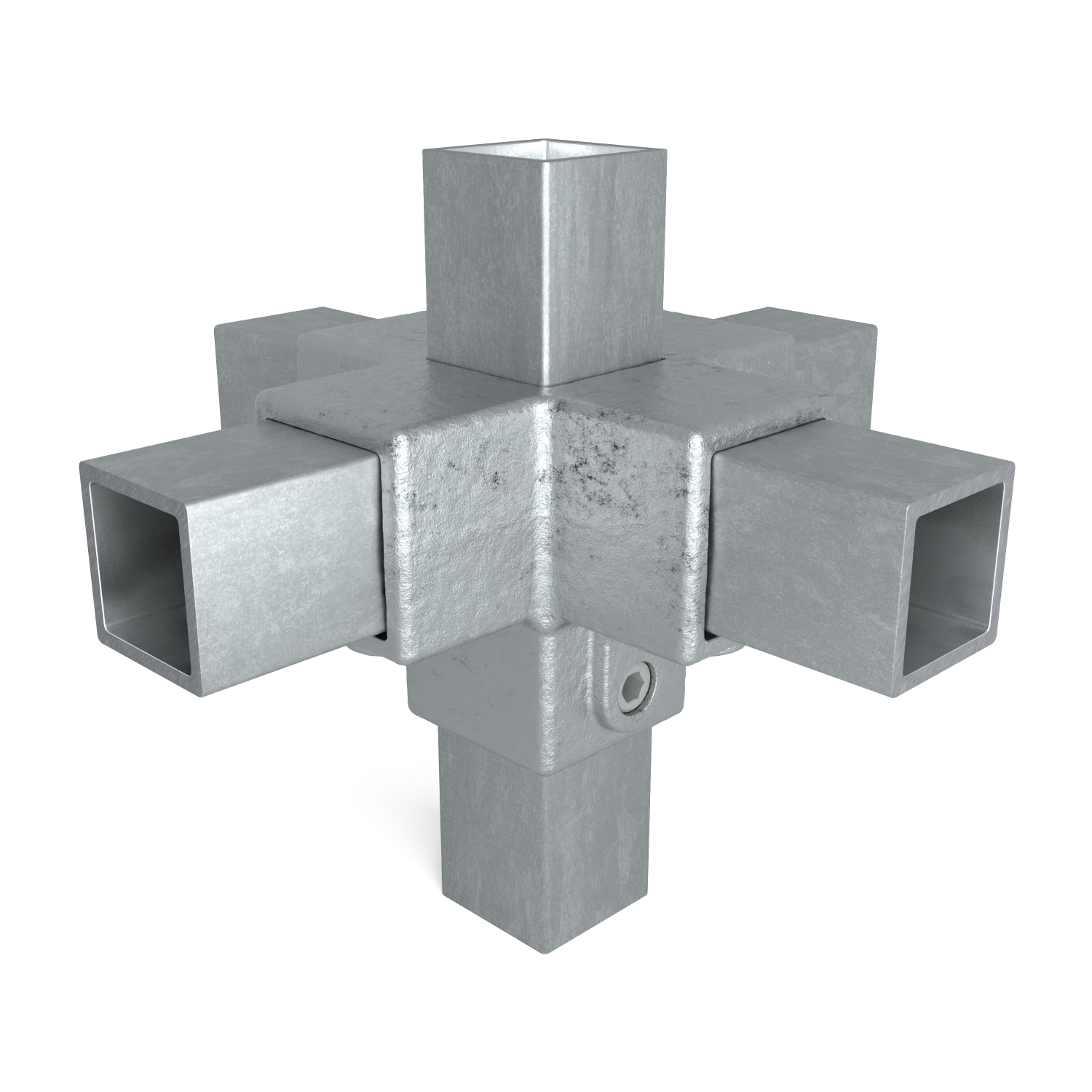 Rohrverbinder Kreuzstück für Stützrohr 40 mm quadratisch - Vorderansicht mit Rohren (Rohr-verbinder.de)