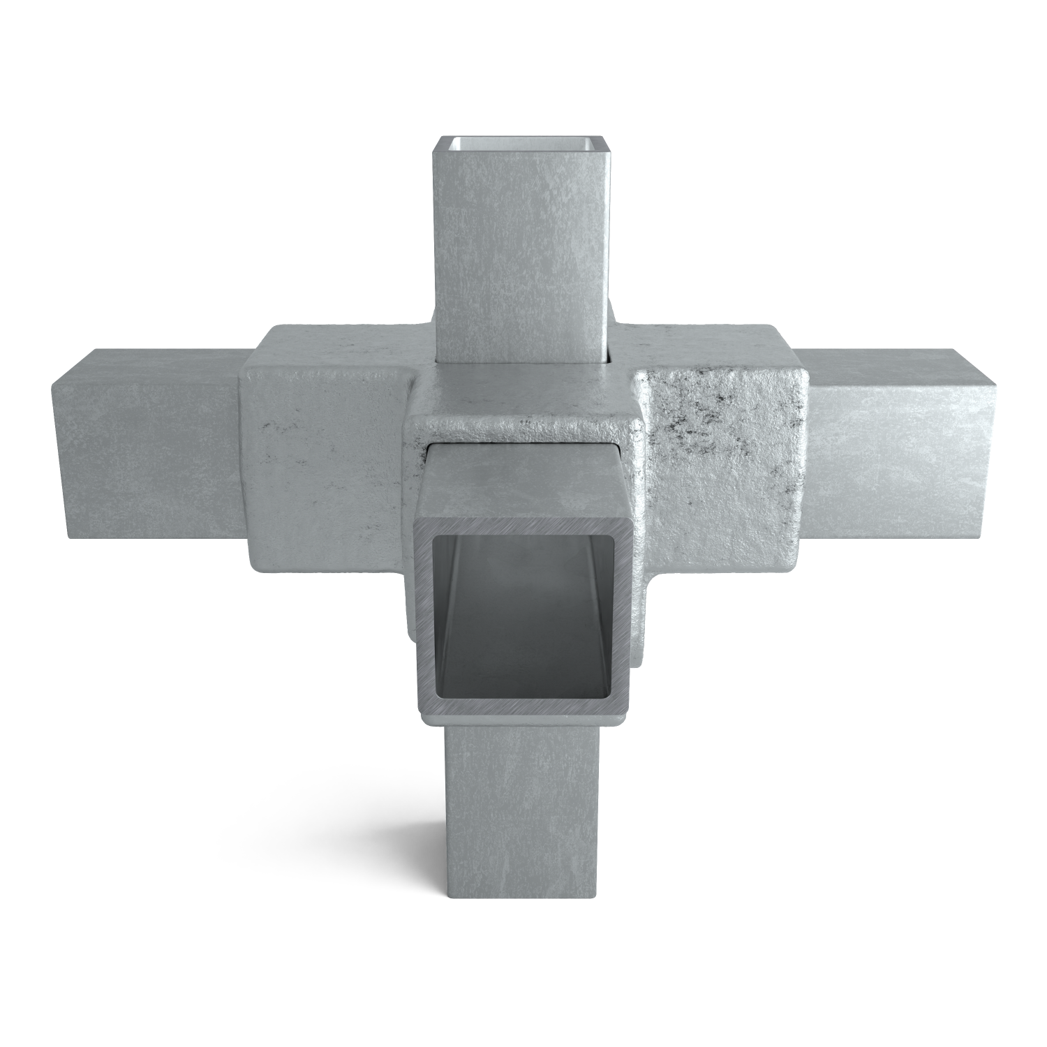 Rohrverbinder Kreuzstück für Stützrohr 40 mm quadratisch - Schrägansicht mit Rohren (Rohr-verbinder.de)