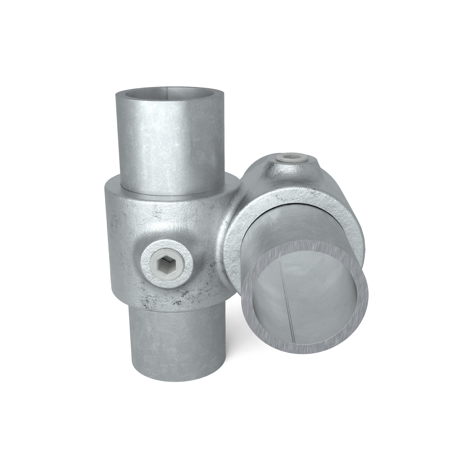 Rohrverbinder Kreuzstück 90º 60,3 mm - Vorderansicht mit Rohren (Rohr-verbinder.de)