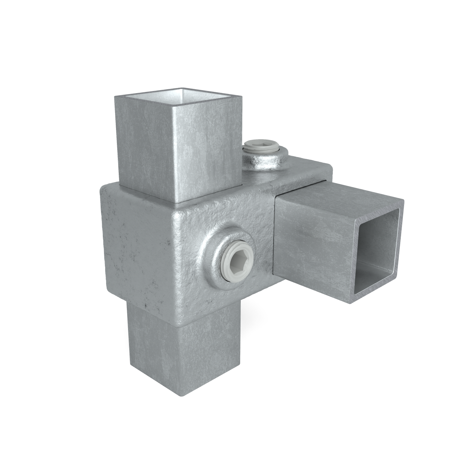 Rohrverbinder Kreuzstück 90º 25 mm quadratisch - Schrägansicht mit Rohren (Rohr-verbinder.de)