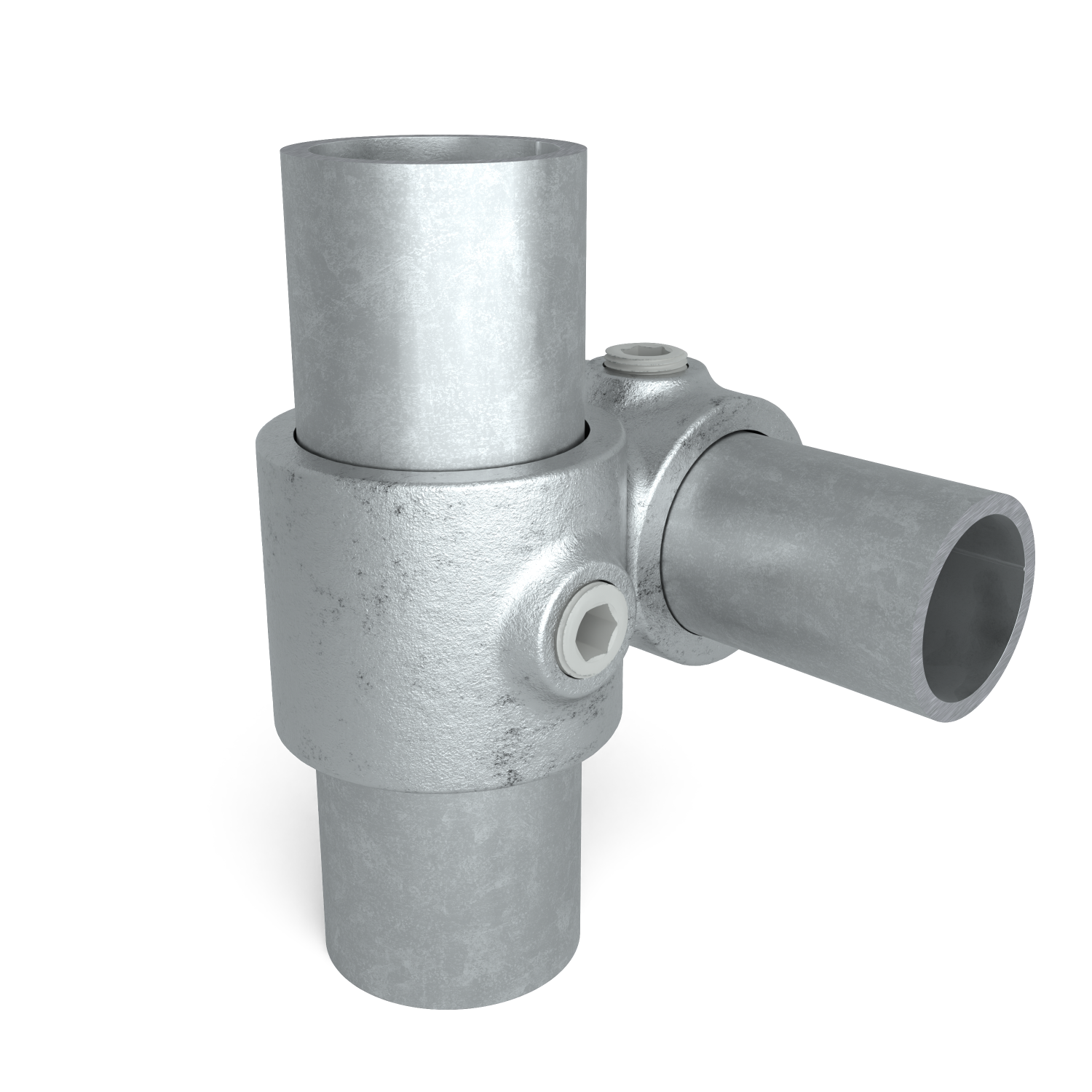 Rohrverbinder Kreuzstück 90º Kombinationsmaß 42,4 - 48,3 mm - Schrägansicht mit Rohren (Rohr-verbinder.de)