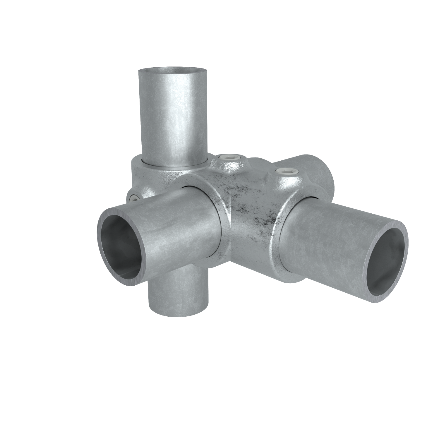 Rohrverbinder Kreuz-T-Stück kombiniert 26,9 mm - Schrägansicht mit Rohren (Rohr-verbinder.de)