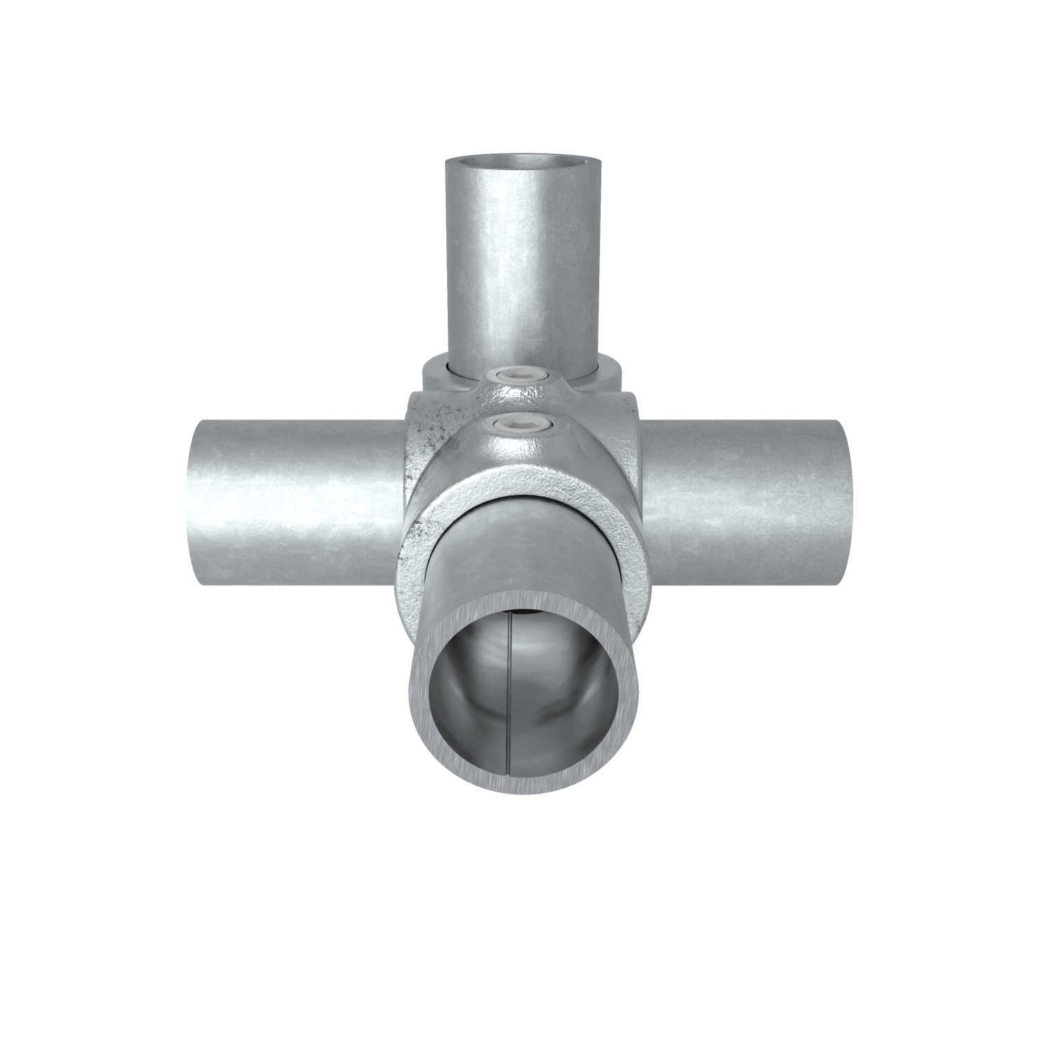 Rohrverbinder Kreuz-T-Stück kombiniert 26,9 mm - Seitenansicht mit Rohren (Rohr-verbinder.de)