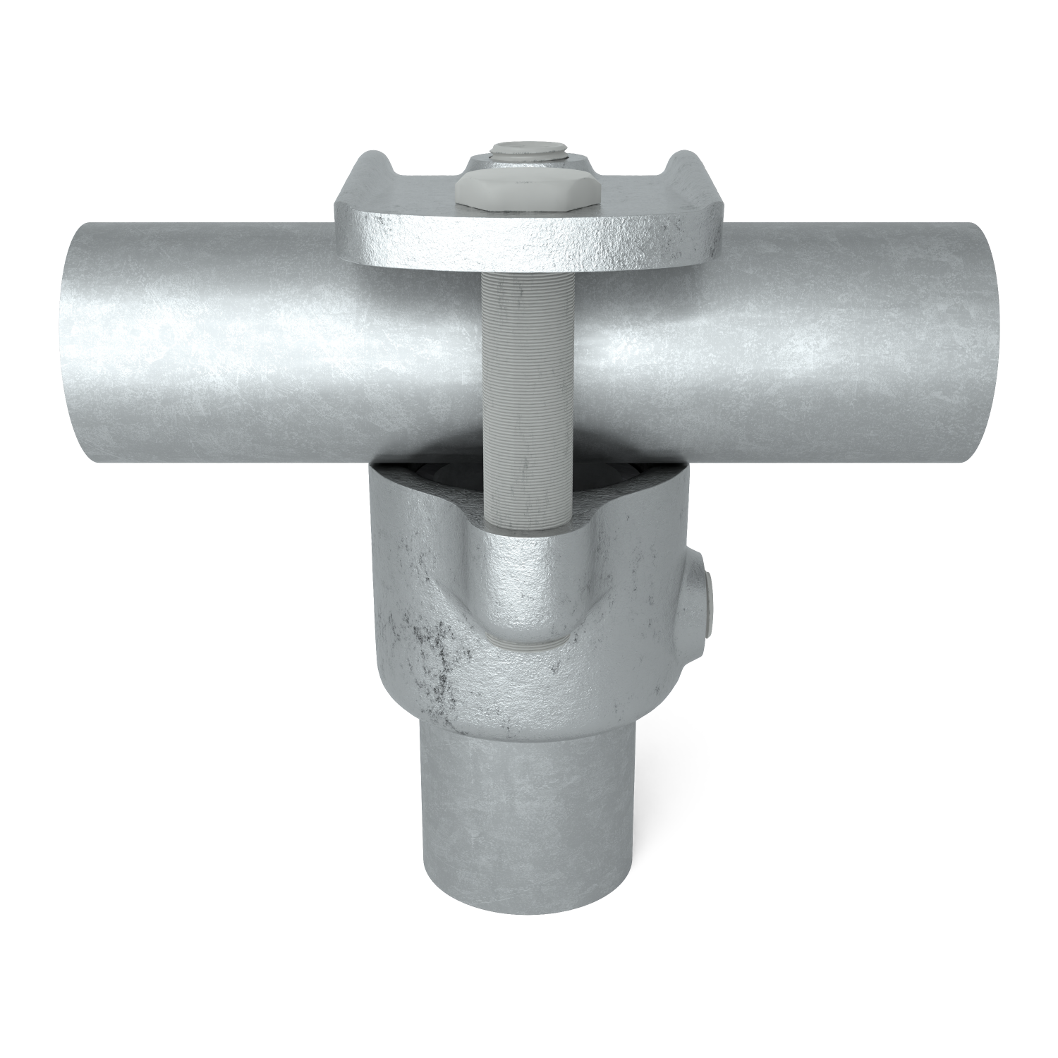 Rohrverbinder T-Stück offen 48,3 mm - Schrägansicht mit Rohren (Rohr-verbinder.de)