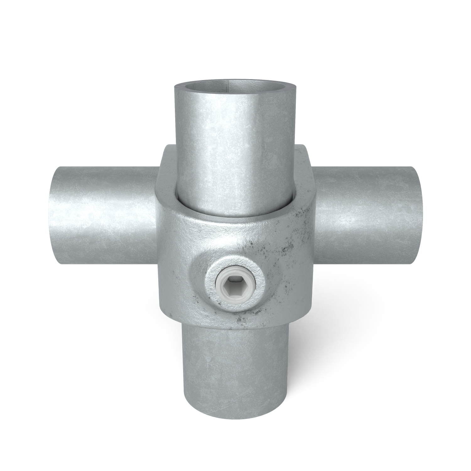 Rohrverbinder Kreuzstück offen 42,4 mm - Seitenansicht mit Rohren (Rohr-verbinder.de)