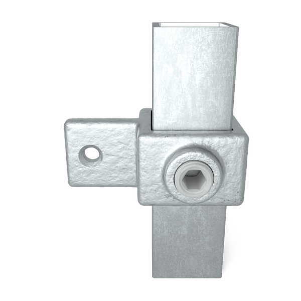 Rohrverbinder Gelenkauge 25 mm quadratisch - Vorderansicht mit Rohren (Rohr-verbinder.de)