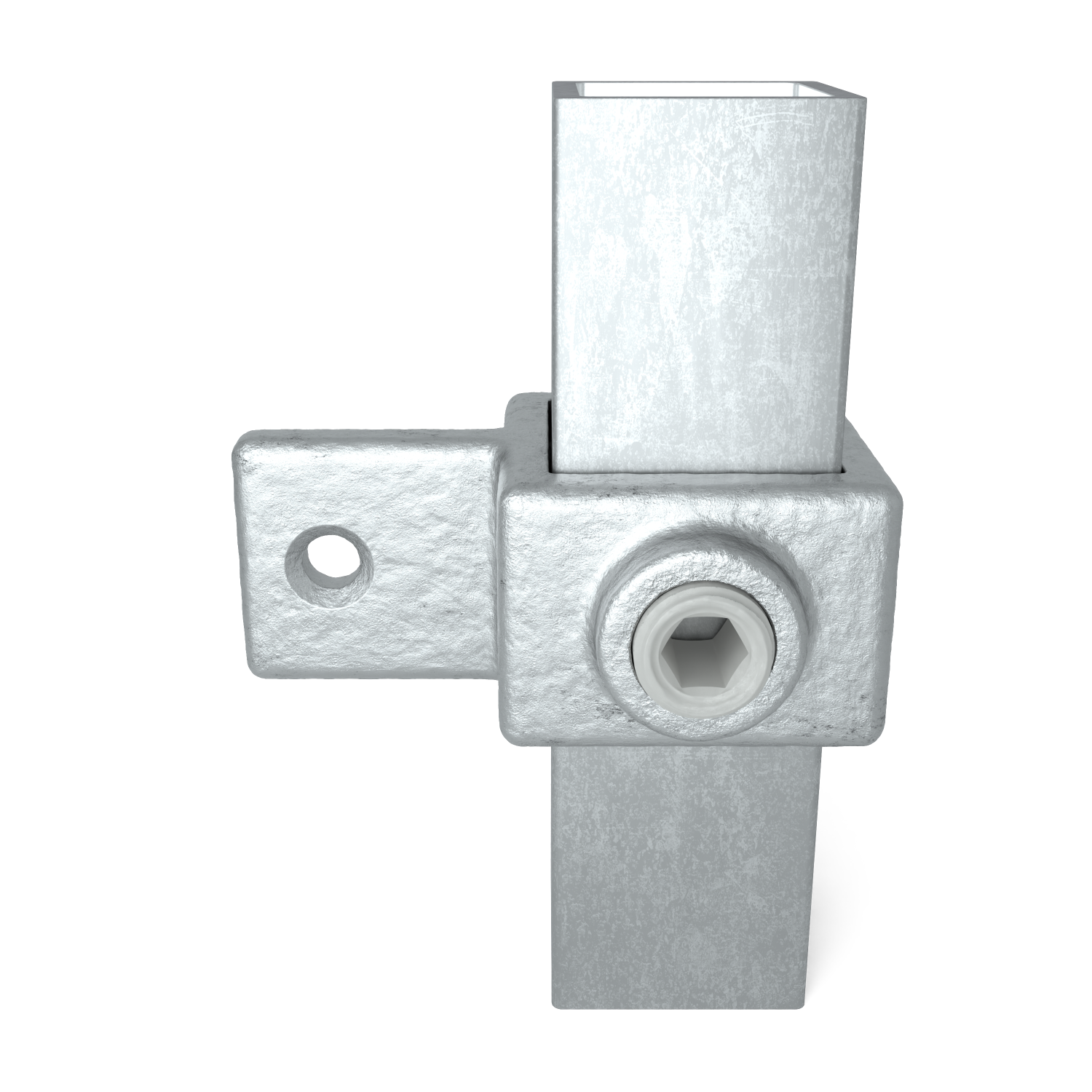 Rohrverbinder Gelenkauge 25 mm quadratisch - Vorderansicht mit Rohren (Rohr-verbinder.de)