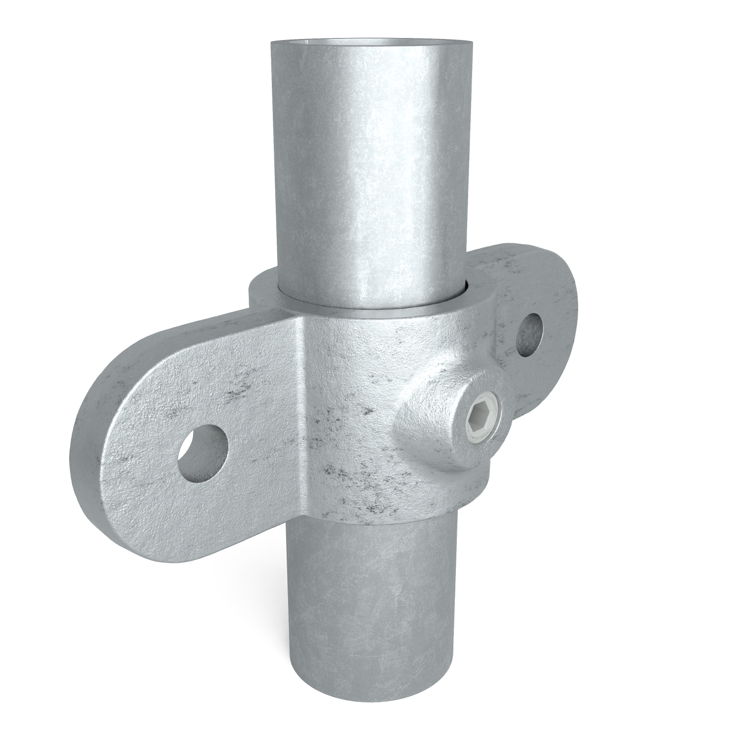 Rohrverbinder Gelenkauge doppelt 180º 60,3 mm - Schrägansicht mit Rohren (Rohr-verbinder.de)