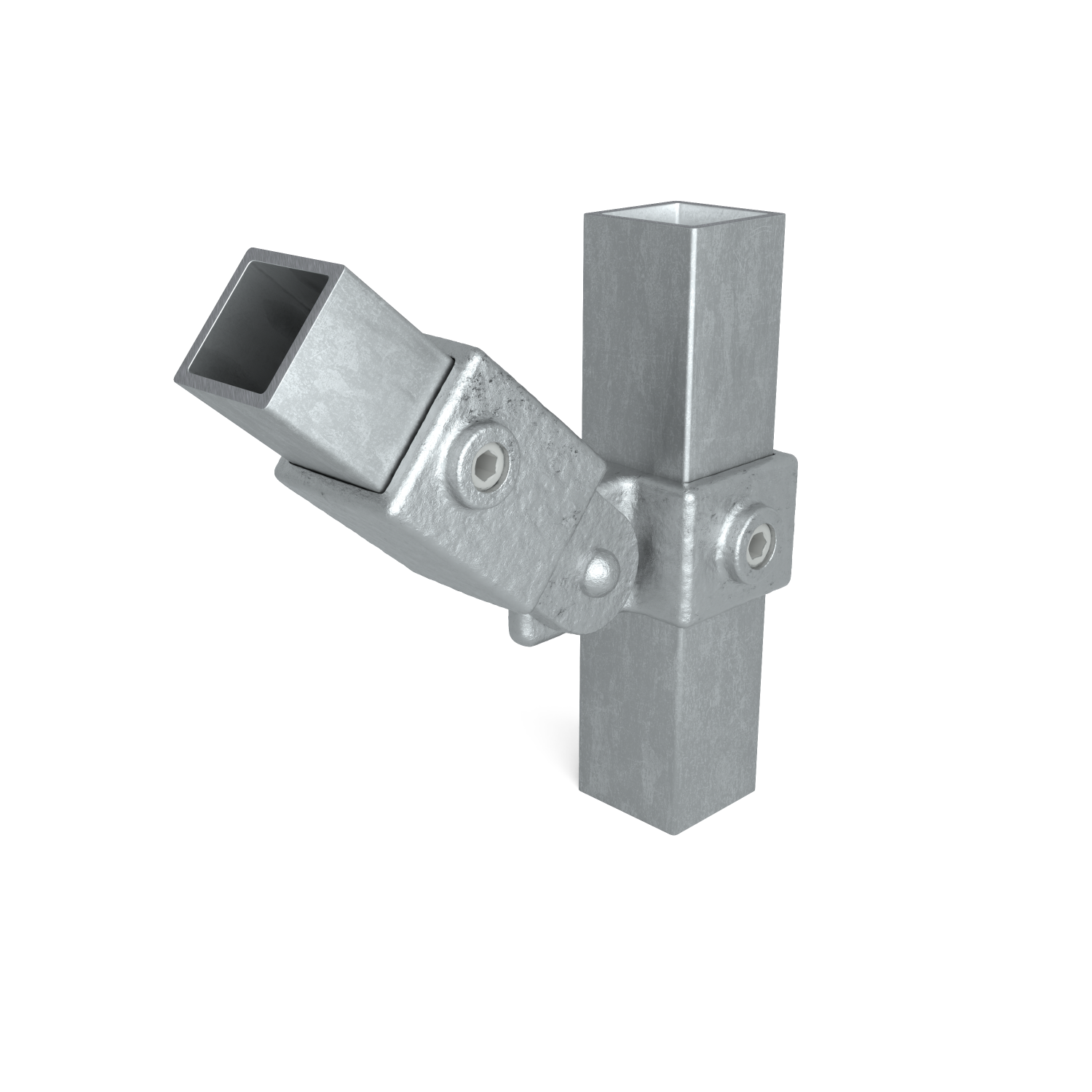 Rohrverbinder Gelenkstück einfach 25 mm quadratisch - Schrägansicht mit Rohren (Rohr-verbinder.de)