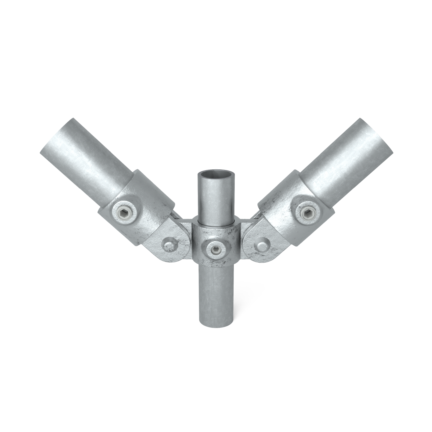 Rohrverbinder Gelenkstück doppelt 48,3 mm - Vorderansicht mit Rohren (Rohr-verbinder.de)