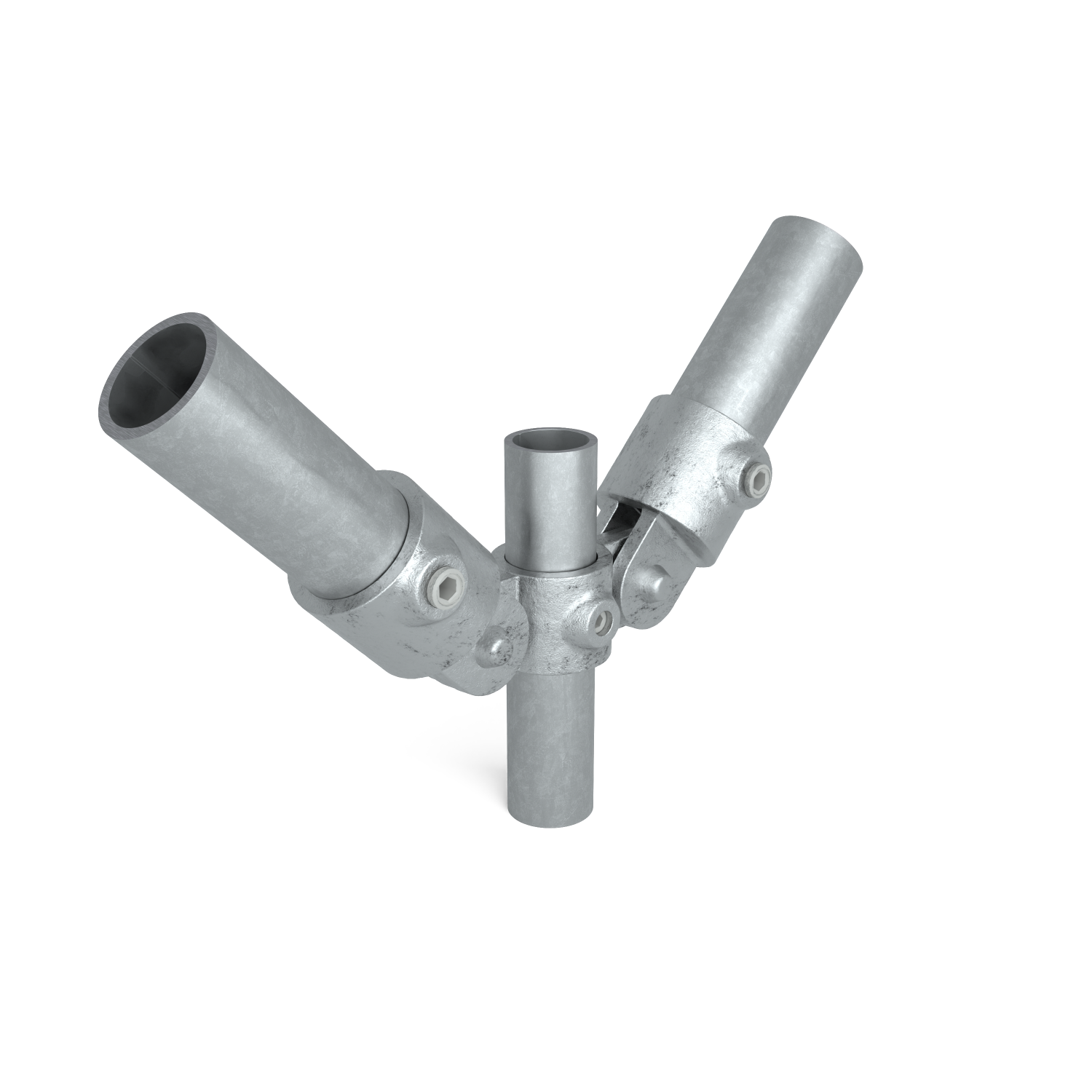 Rohrverbinder Gelenkstück doppelt 42,4 mm - Schrägansicht mit Rohren (Rohr-verbinder.de)