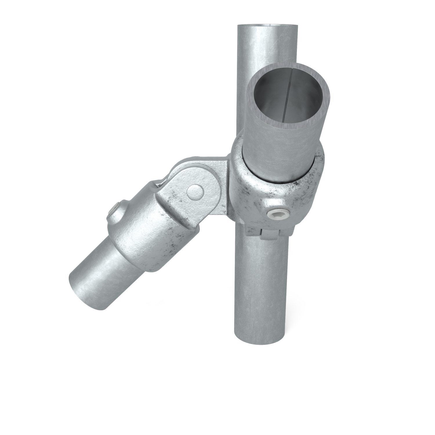 Rohrverbinder Gelenkstück 90º doppelt 42,4 mm - Seitenansicht mit Rohren (Rohr-verbinder.de)