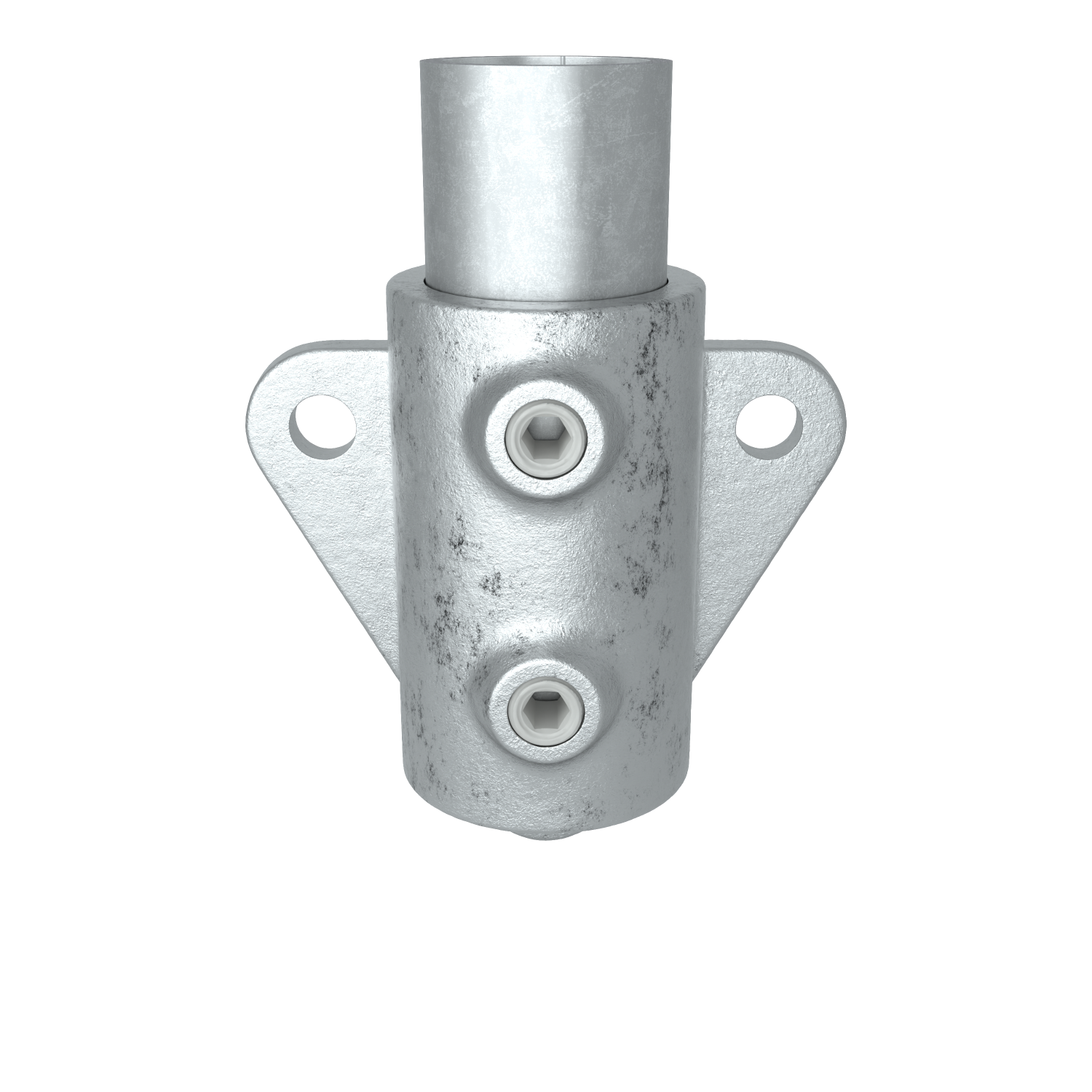 Rohrverbinder Wandhalter Dreieckflansch 48,3 mm - Schrägansicht mit Rohren (Rohr-verbinder.de)