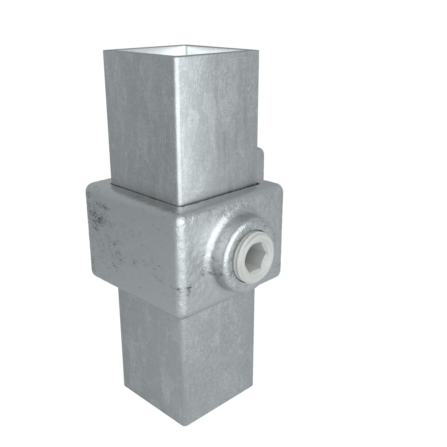 Rohrverbinder Ösenteil mit Einzellasche 25 mm quadratisch - Schrägansicht mit Rohren (Rohr-verbinder.de)