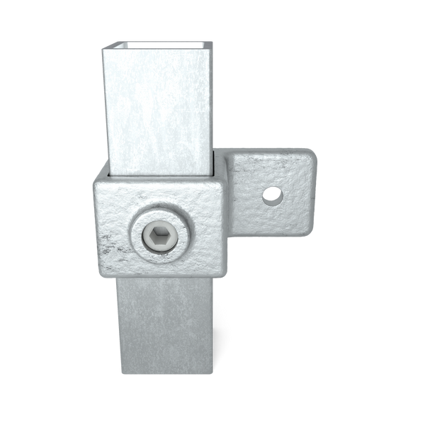 Rohrverbinder Ösenteil mit Einzellasche 40 mm quadratisch - Vorderansicht mit Rohren (Rohr-verbinder.de)