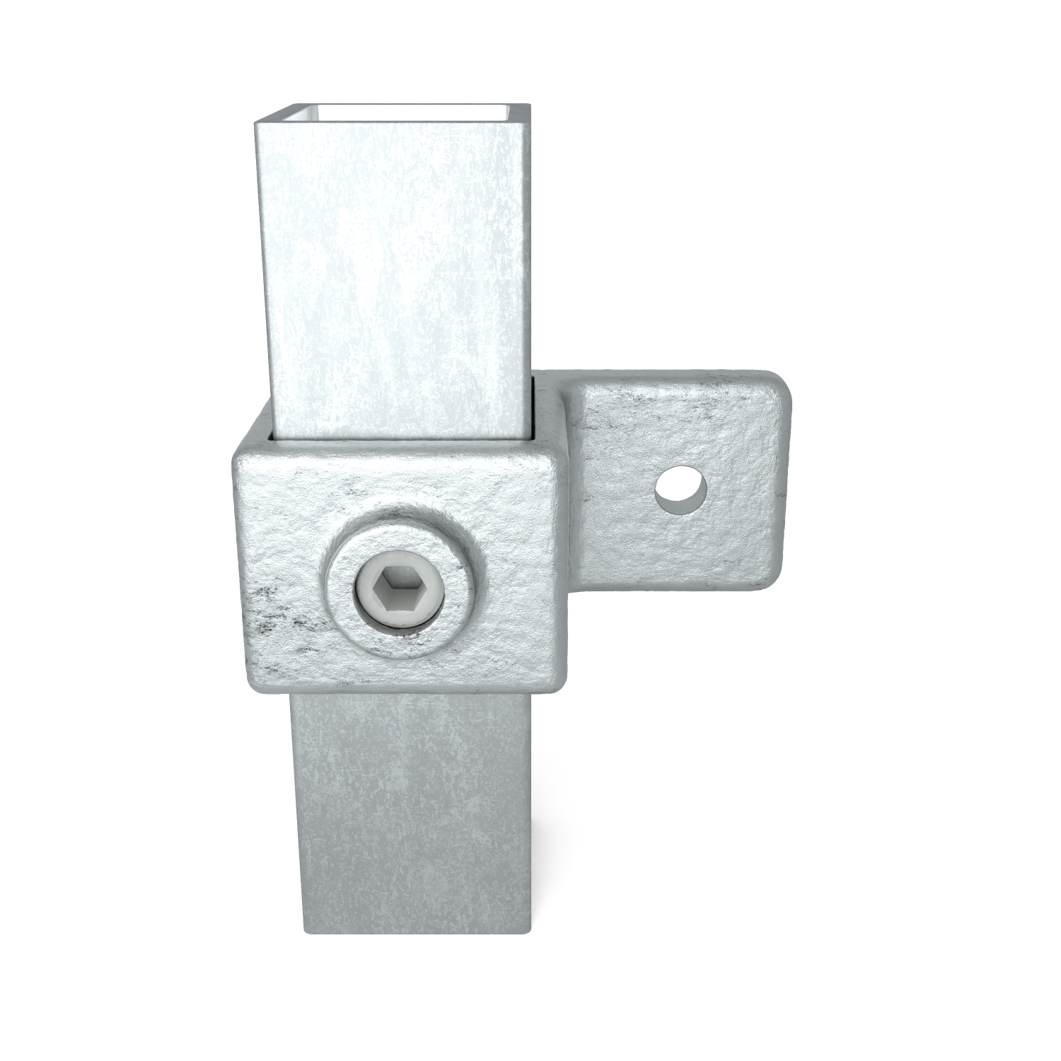 Rohrverbinder Ösenteil mit Einzellasche 40 mm quadratisch - Vorderansicht mit Rohren (Rohr-verbinder.de)
