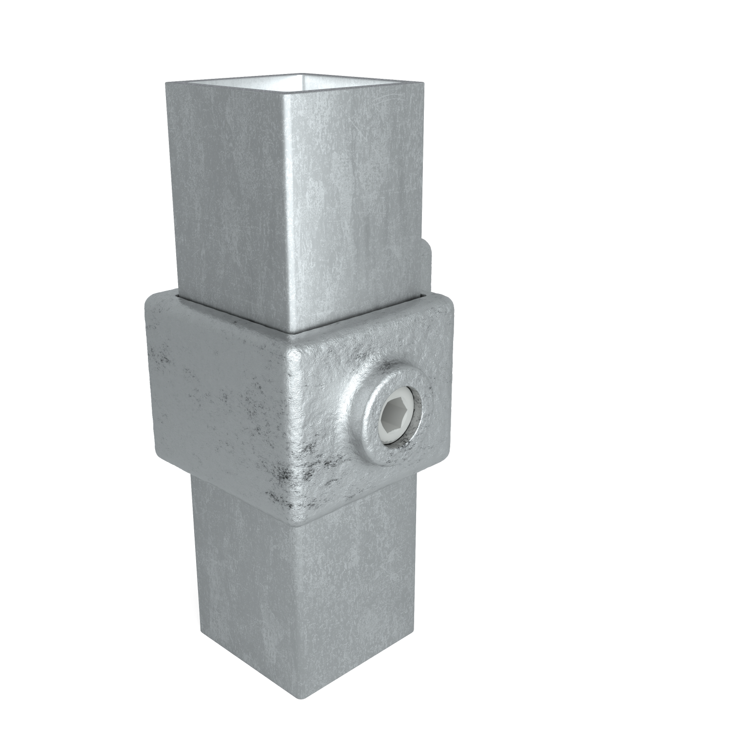 Rohrverbinder Ösenteil mit Einzellasche 40 mm quadratisch - Schrägansicht mit Rohren (Rohr-verbinder.de)