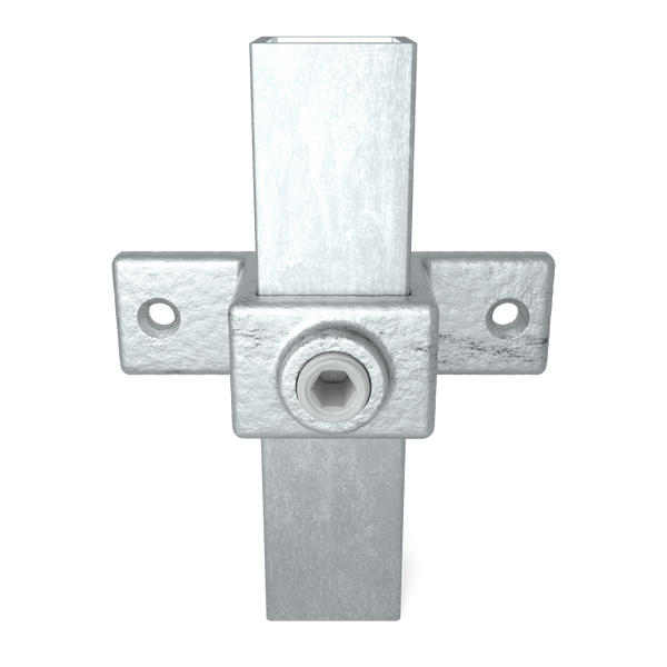 Rohrverbinder Ösenteil mit Doppellasche 25 mm quadratisch - Vorderansicht mit Rohren (Rohr-verbinder.de)