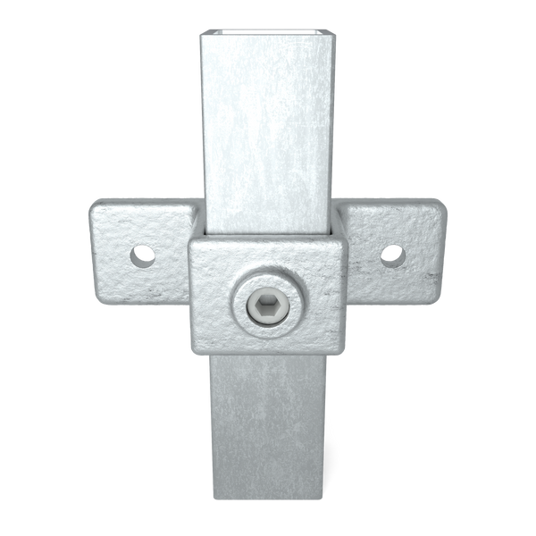 Rohrverbinder Ösenteil mit Doppellasche 40 mm quadratisch - Vorderansicht mit Rohren (Rohr-verbinder.de)